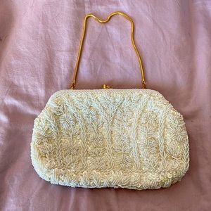 hand made bead embellished ivory/off white purse with gold metal